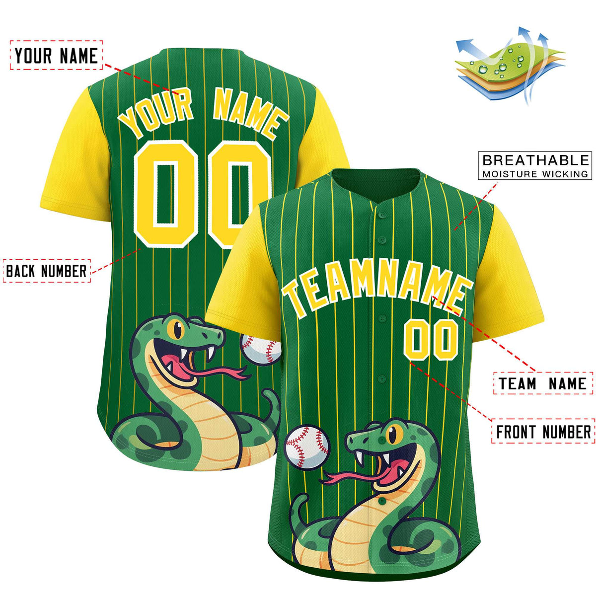 Custom Kelly Green Gold Stripe Animals Graffiti Pattern Raglan Sleeves Authentic Baseball Jersey