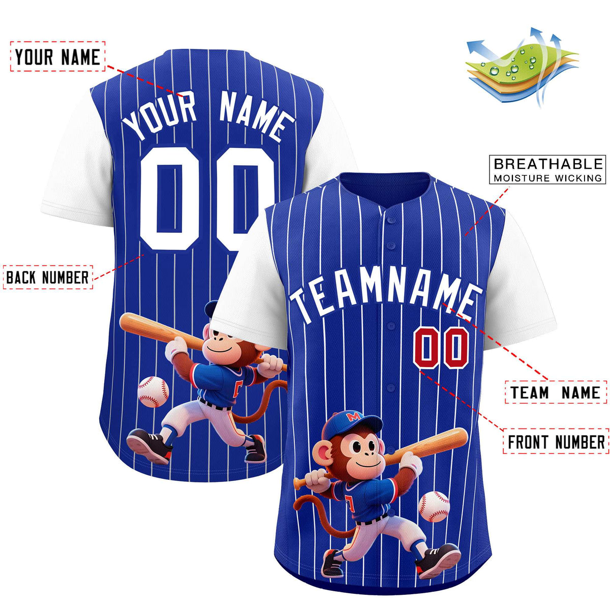 Custom Royal White Stripe Animals Graffiti Pattern Raglan Sleeves Authentic Baseball Jersey