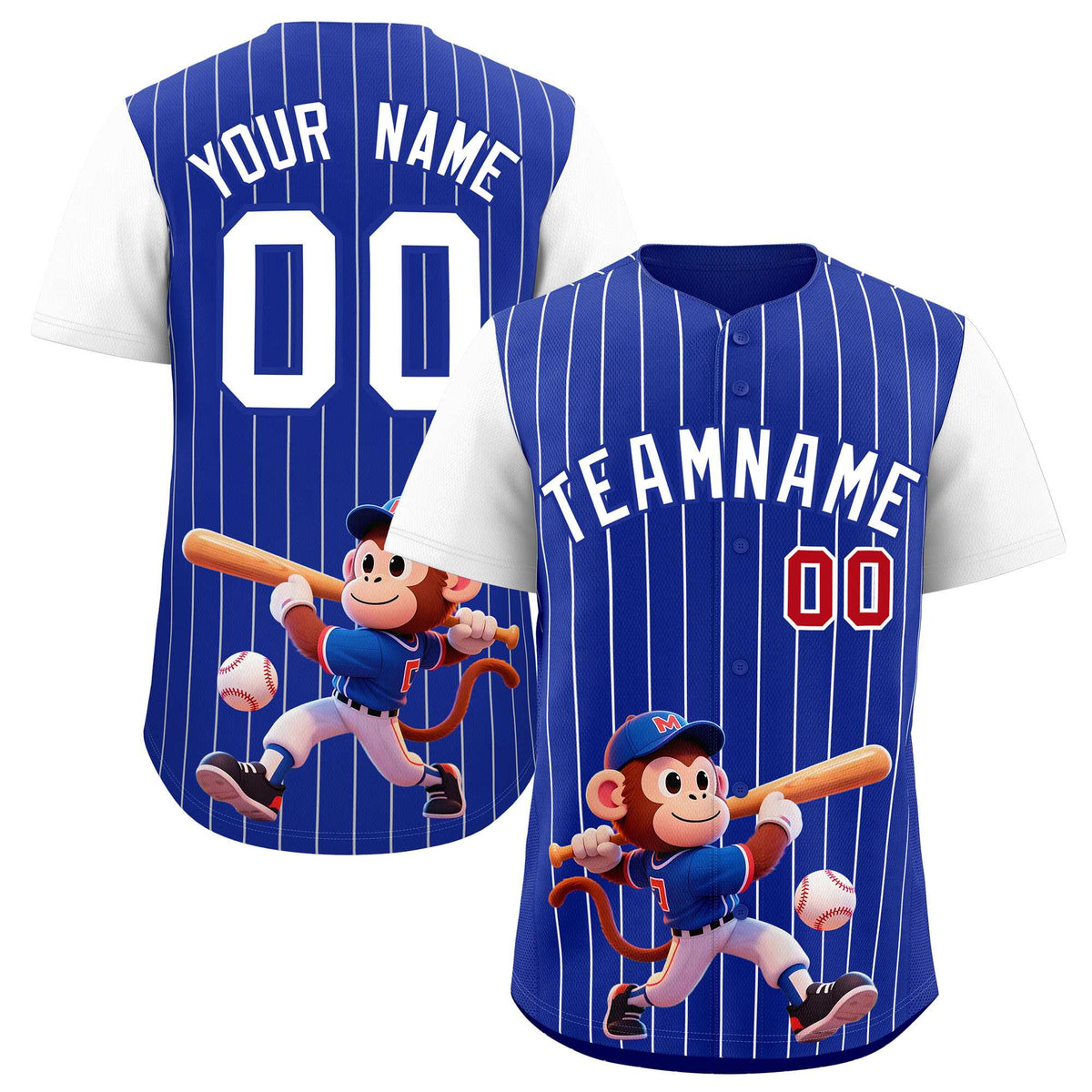 Custom Royal White Stripe Animals Graffiti Pattern Raglan Sleeves Authentic Baseball Jersey