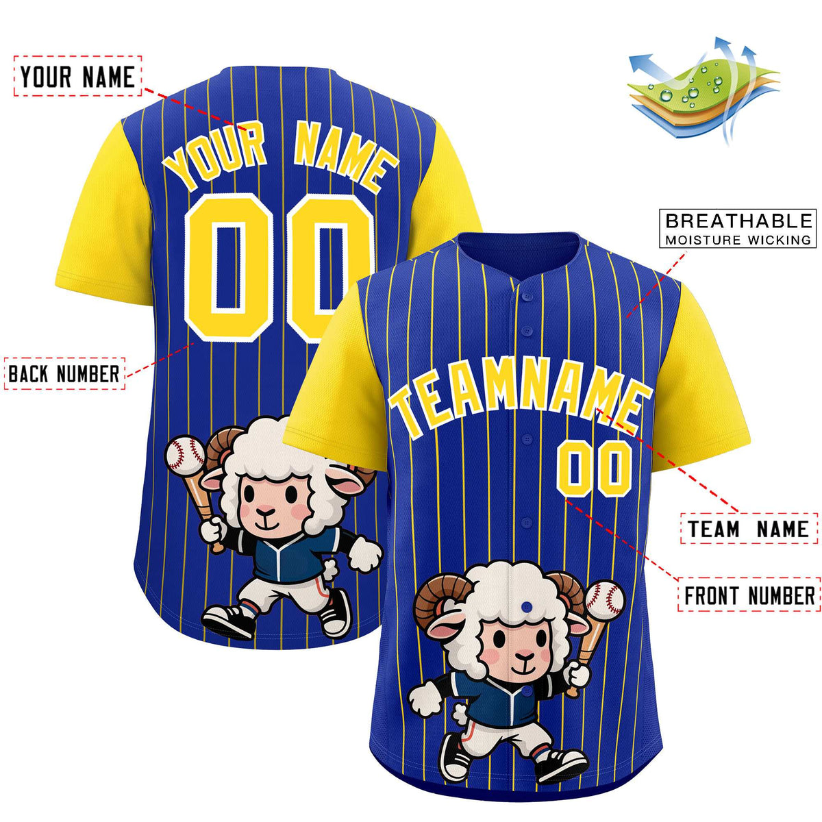 Custom Royal Gold Stripe Animals Graffiti Pattern Raglan Sleeves Authentic Baseball Jersey