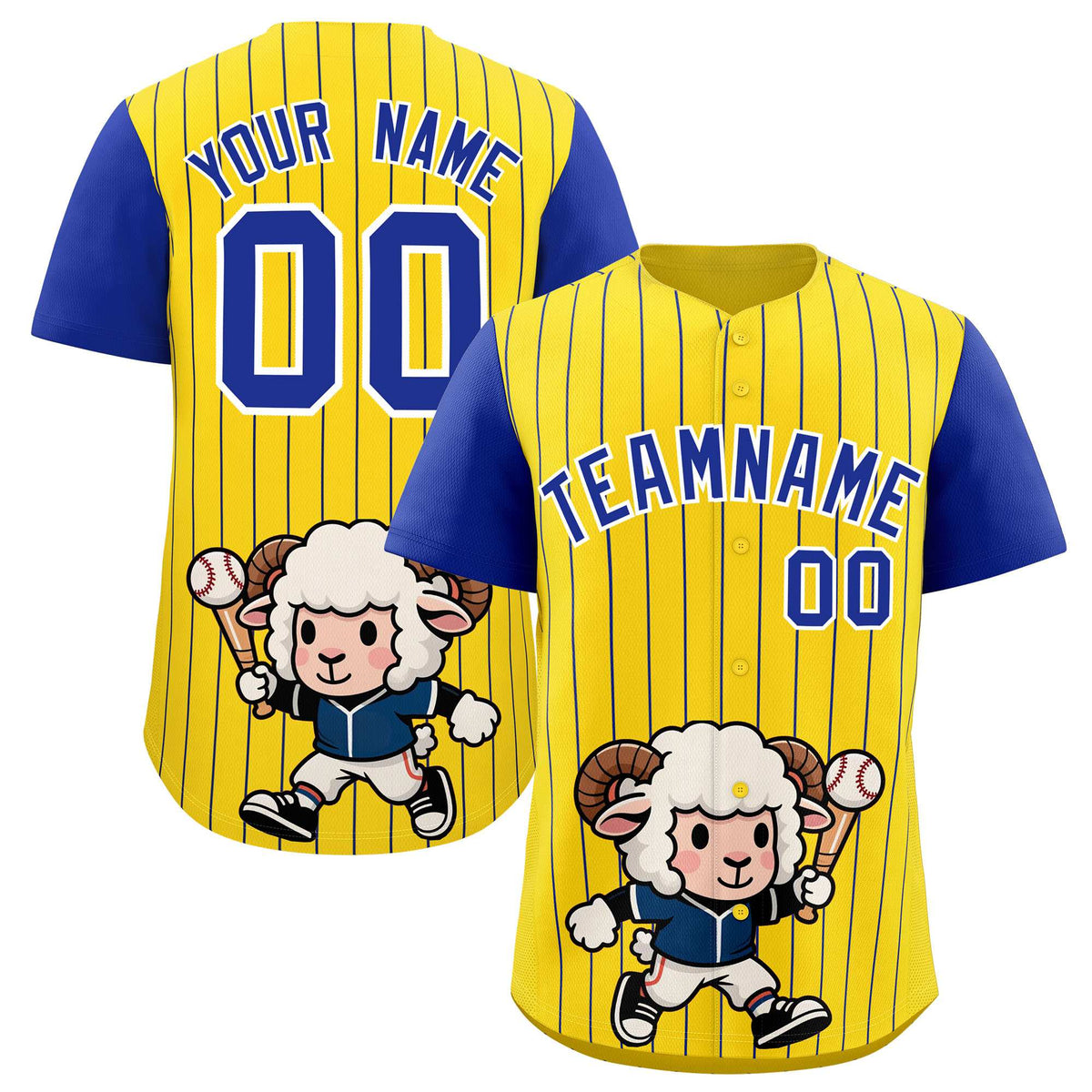 Custom Gold Royal Stripe Animals Graffiti Pattern Raglan Sleeves Authentic Baseball Jersey