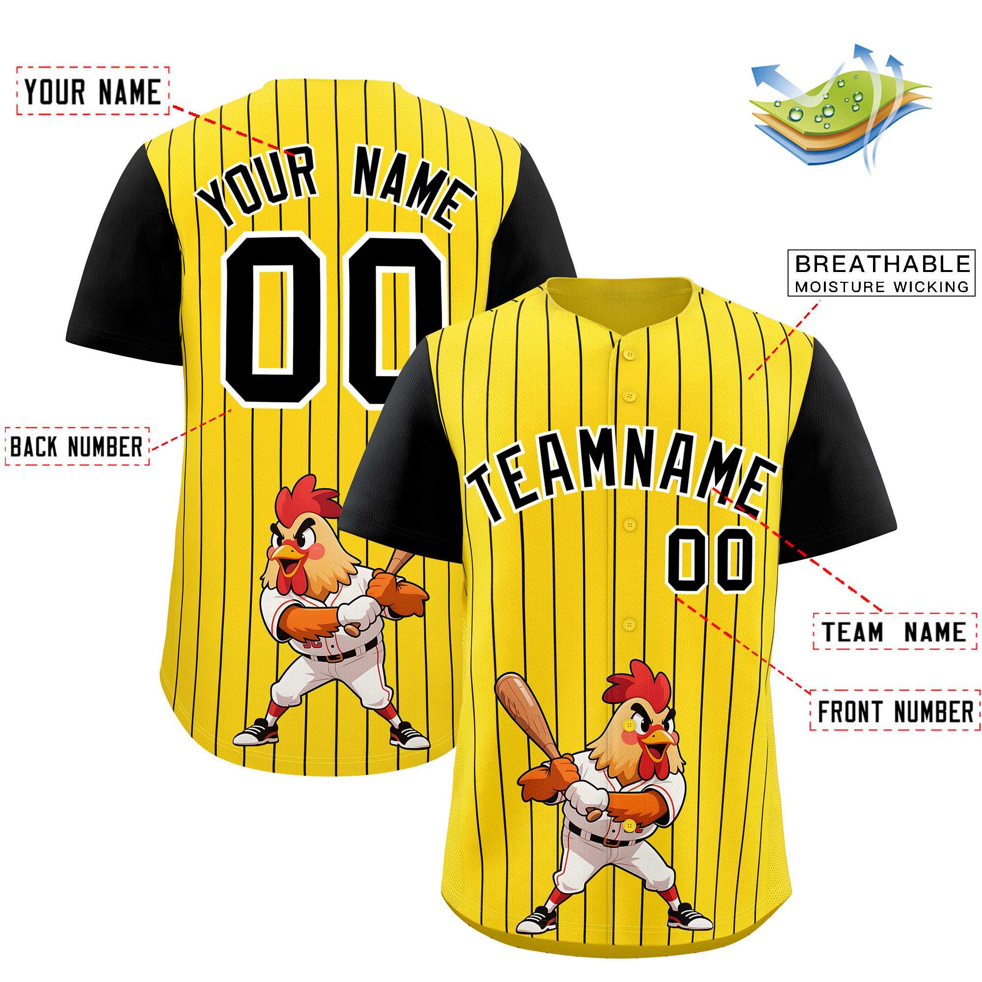 Custom Gold Black Stripe Animals Graffiti Pattern Raglan Sleeves Authentic Baseball Jersey