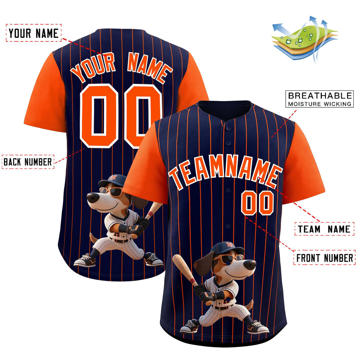 Custom Navy Orange Stripe Animals Graffiti Pattern Raglan Sleeves Authentic Baseball Jersey
