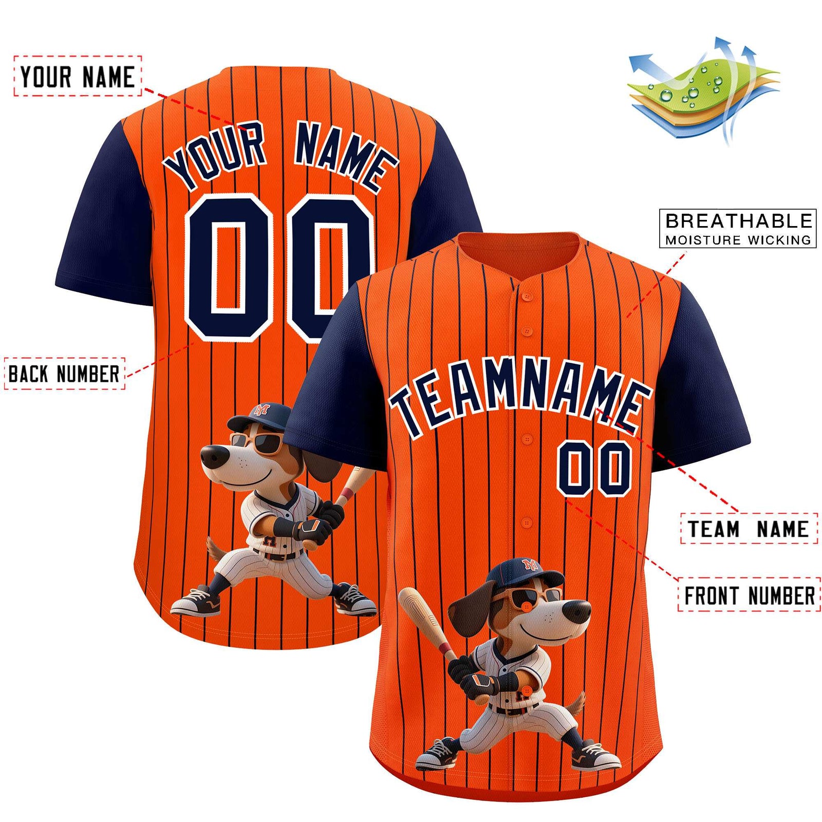 Custom Orange Navy Stripe Animals Graffiti Pattern Raglan Sleeves Authentic Baseball Jersey