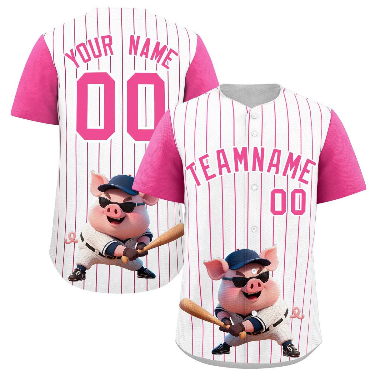 Custom White Pink Stripe Animals Graffiti Pattern Raglan Sleeves Authentic Baseball Jersey
