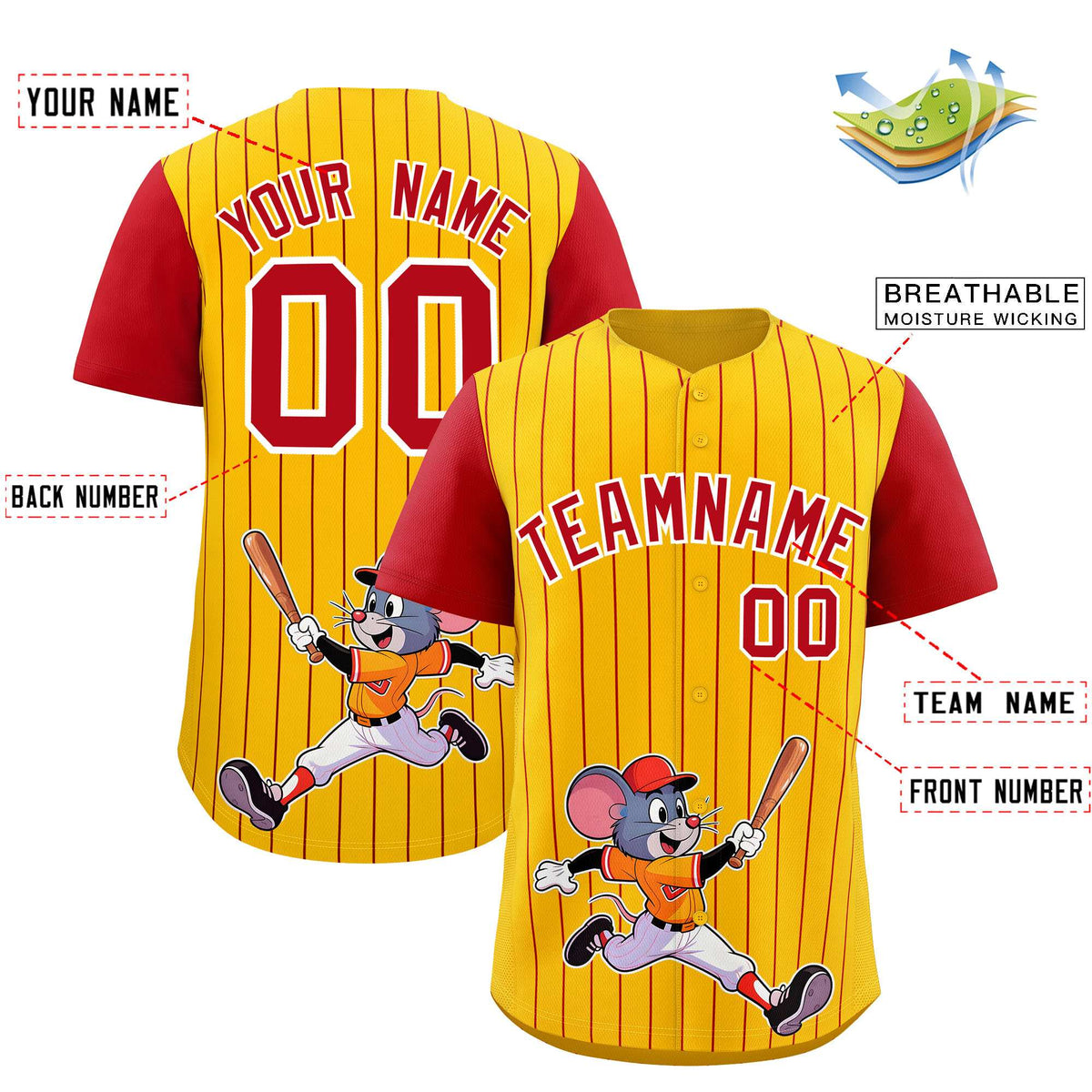 Custom Yellow Red Stripe Animals Graffiti Pattern Raglan Sleeves Authentic Baseball Jersey