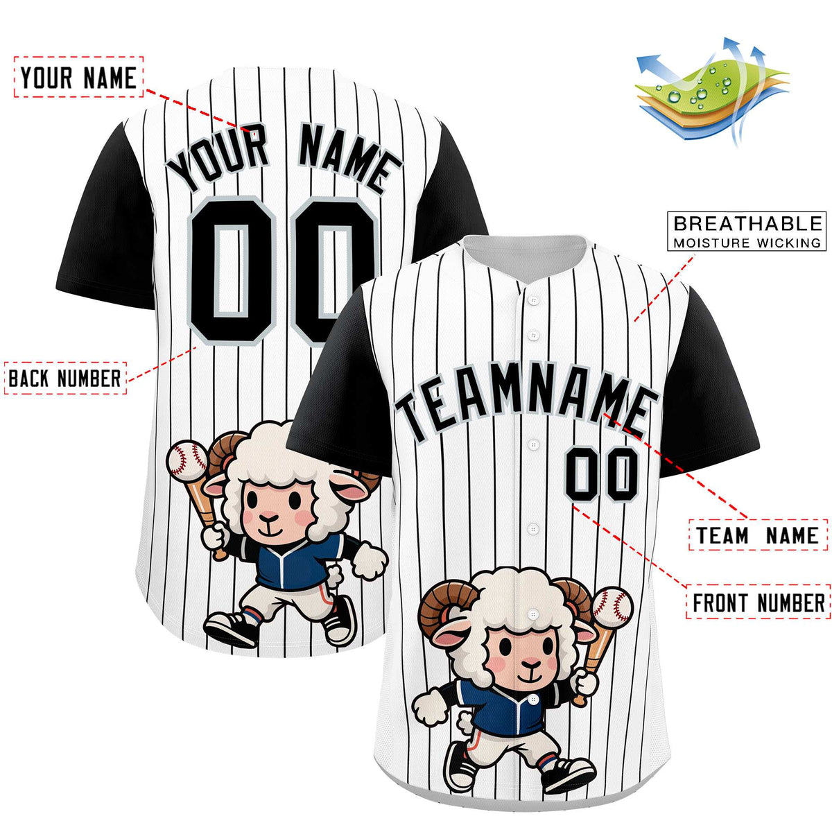 Custom White Black Stripe Animals Graffiti Pattern Raglan Sleeves Authentic Baseball Jersey