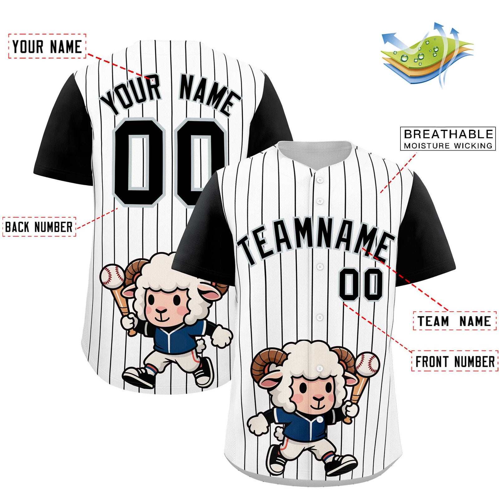 Custom White Black Stripe Animals Graffiti Pattern Raglan Sleeves Authentic Baseball Jersey