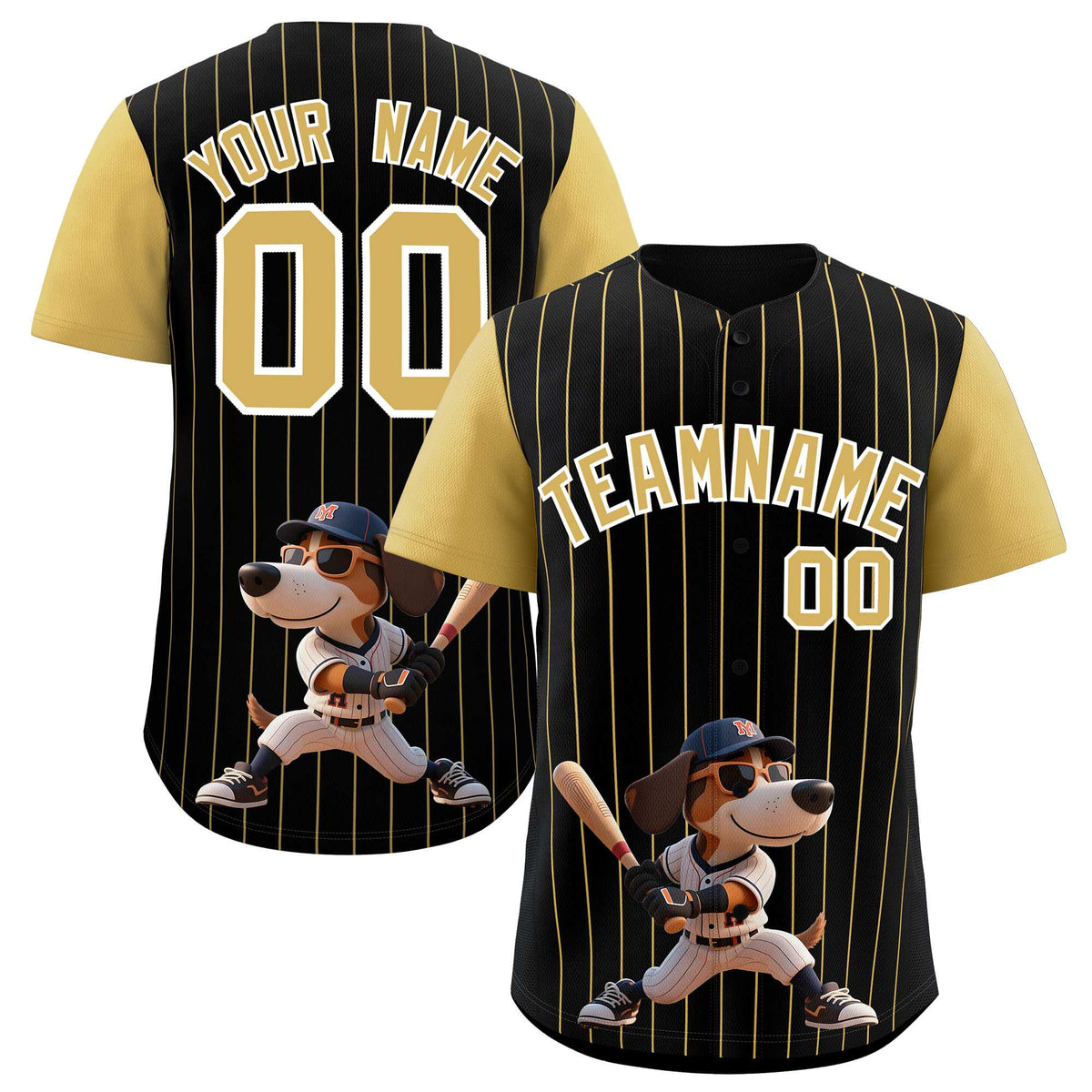 Custom Black Old Gold Stripe Animals Graffiti Pattern Raglan Sleeves Authentic Baseball Jersey