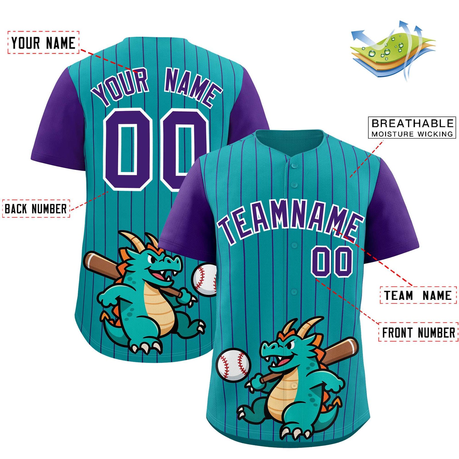 Custom Aqua Purple Stripe Animals Graffiti Pattern Raglan Sleeves Authentic Baseball Jersey
