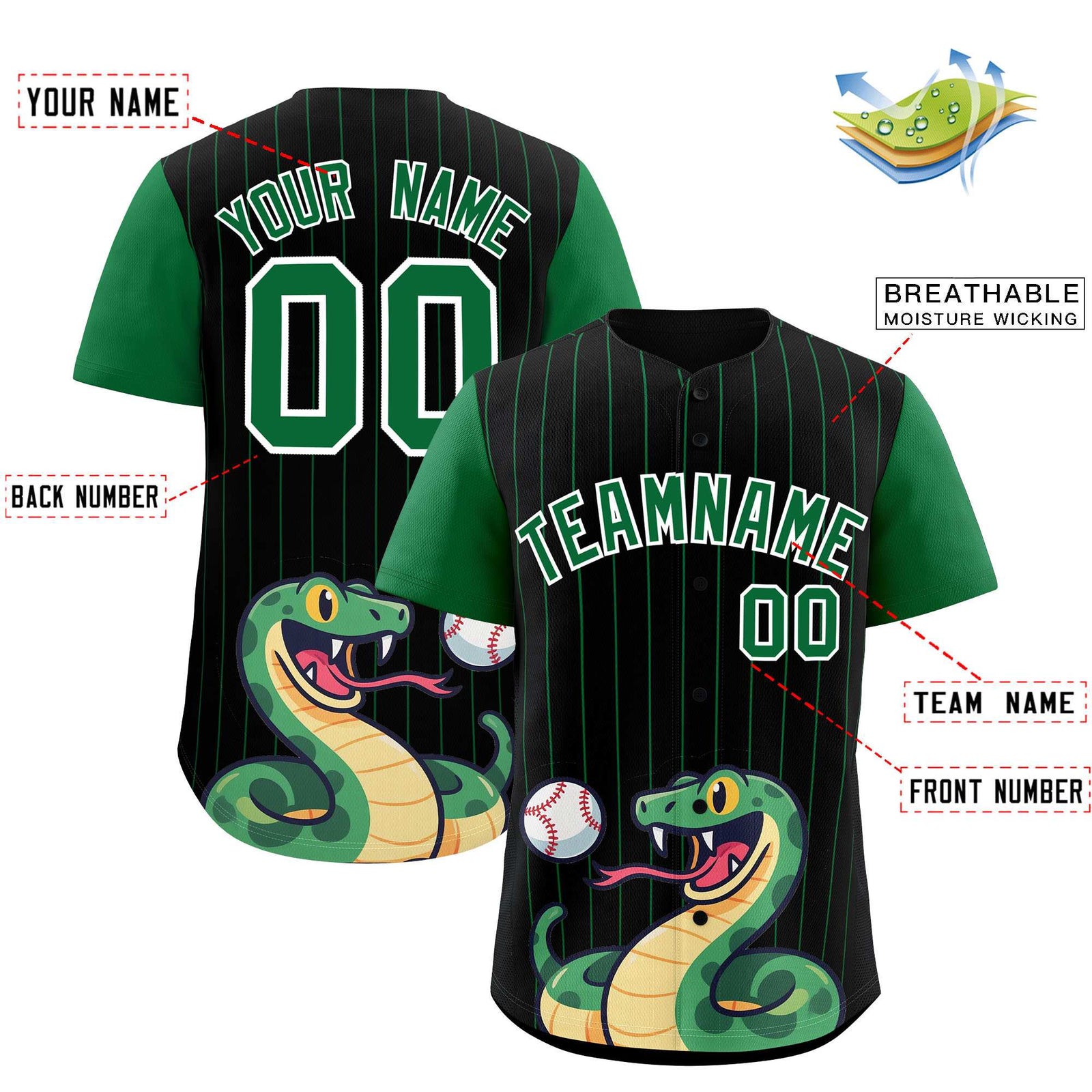 Custom Black Kelly Green Stripe Animals Graffiti Pattern Raglan Sleeves Authentic Baseball Jersey