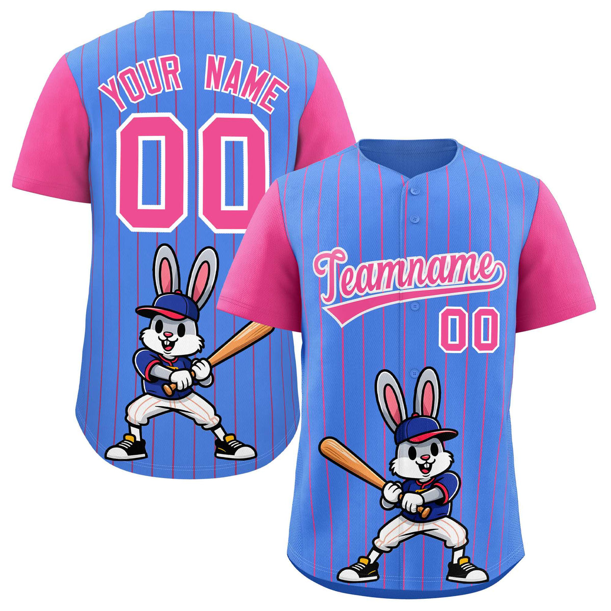 Custom Light Blue Pink Stripe Animals Graffiti Pattern Raglan Sleeves Authentic Baseball Jersey