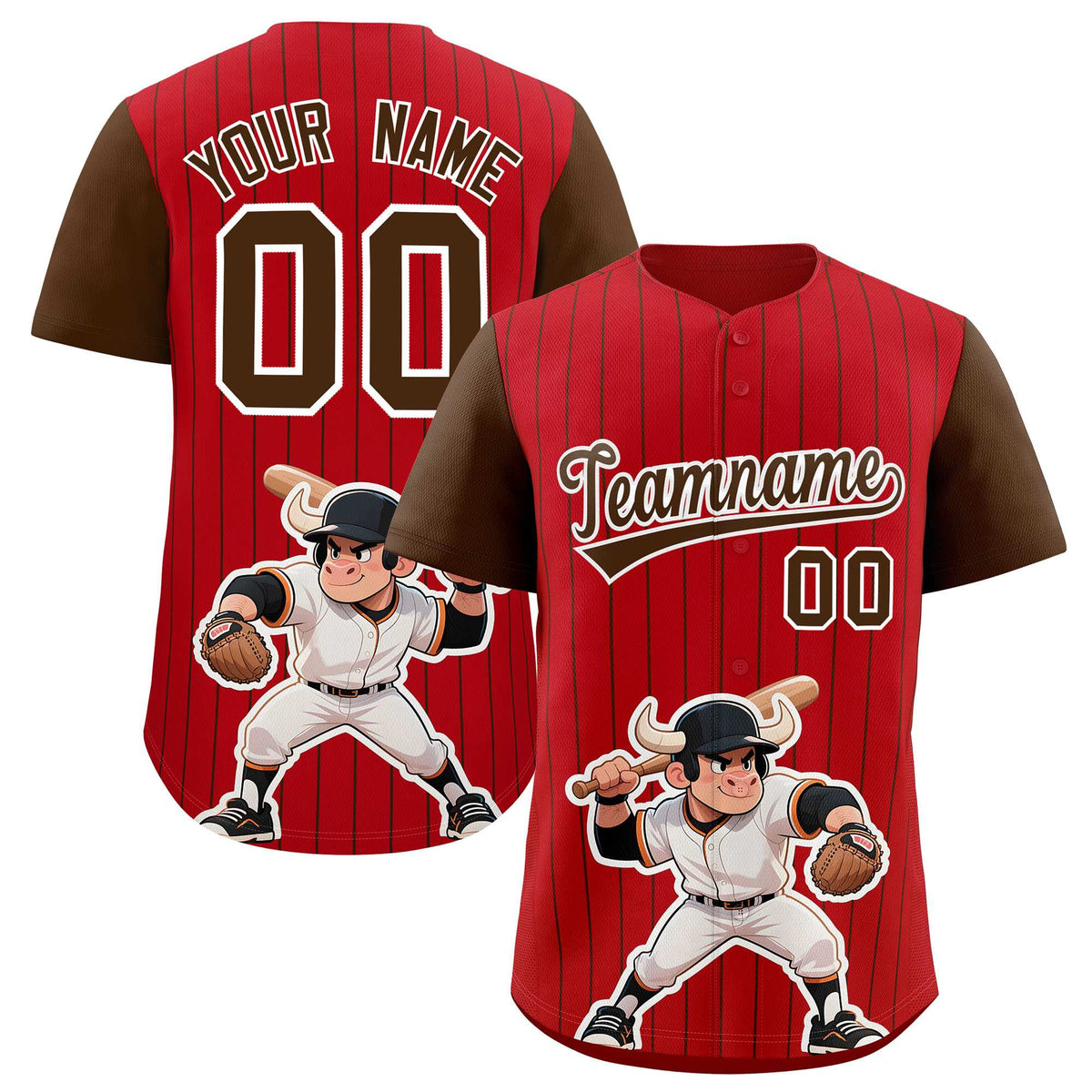 Custom Red Brown Stripe Animals Graffiti Pattern Raglan Sleeves Authentic Baseball Jersey