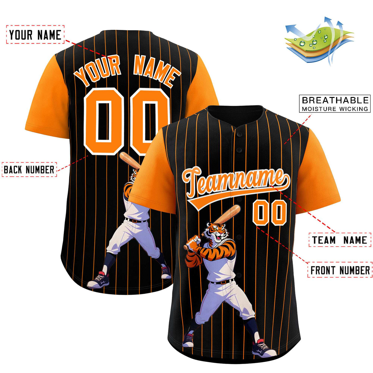 Custom Black Orange Stripe Animals Graffiti Pattern Raglan Sleeves Authentic Baseball Jersey