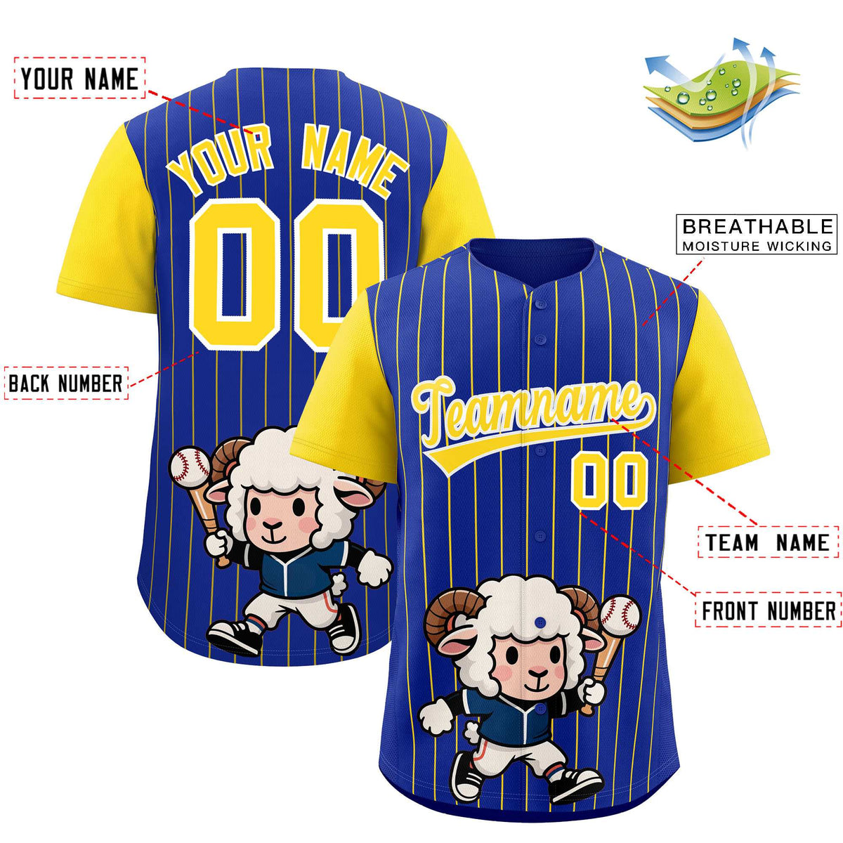 Custom Royal Gold Stripe Animals Graffiti Pattern Raglan Sleeves Authentic Baseball Jersey