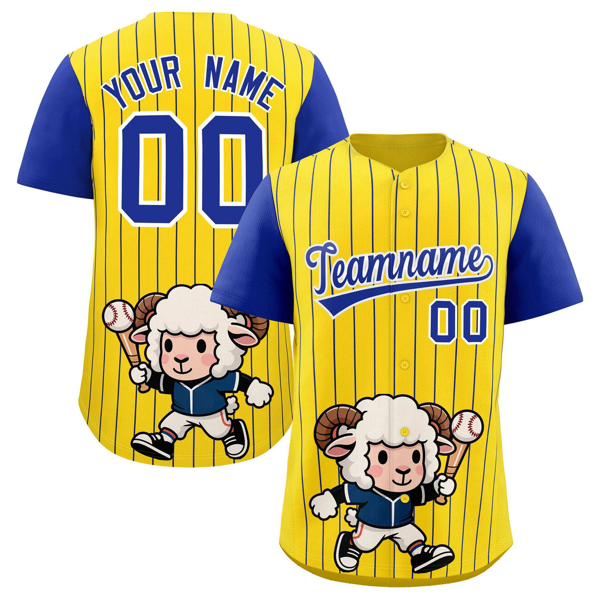 Custom Gold Royal Stripe Animals Graffiti Pattern Raglan Sleeves Authentic Baseball Jersey