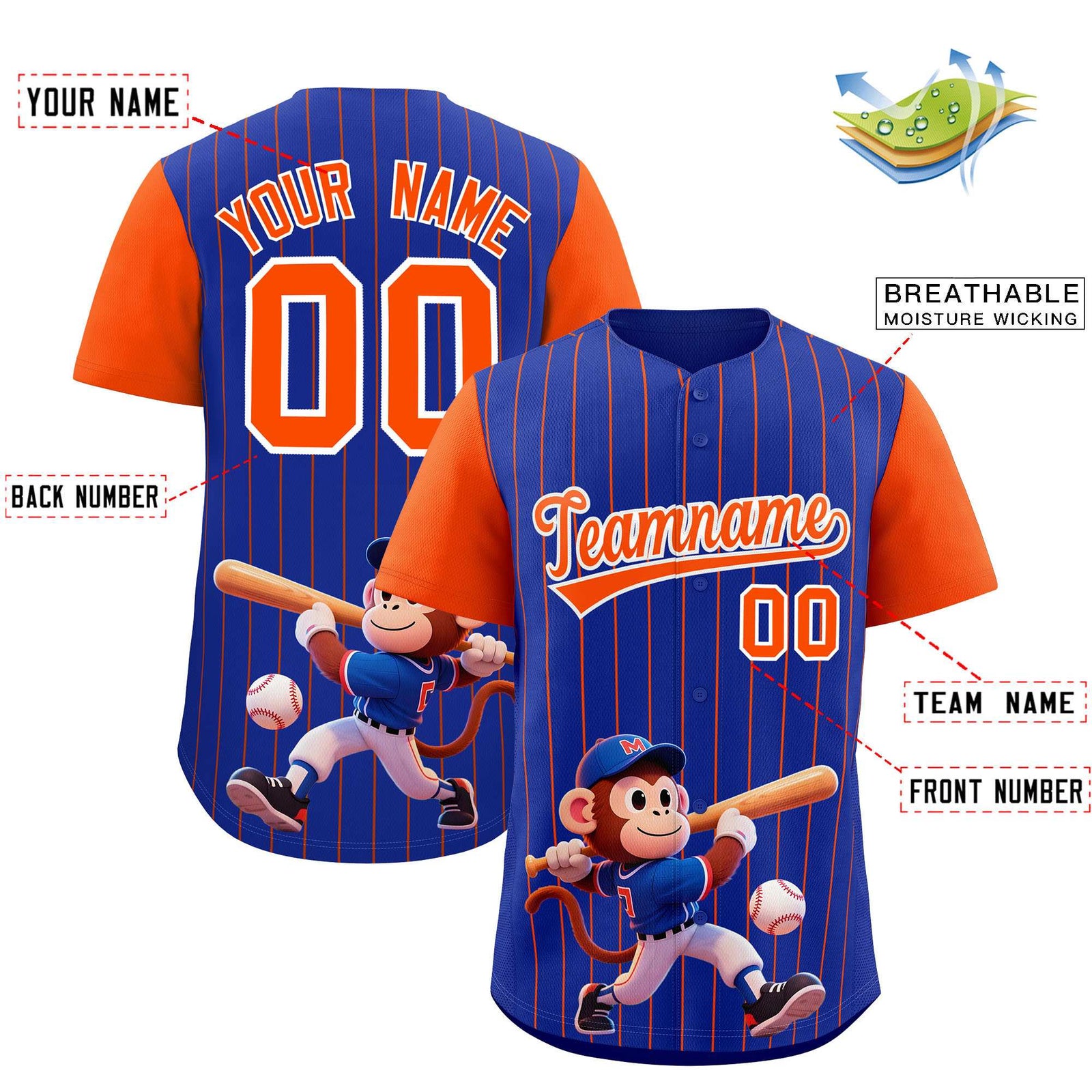 Custom Royal Orange Stripe Animals Graffiti Pattern Raglan Sleeves Authentic Baseball Jersey