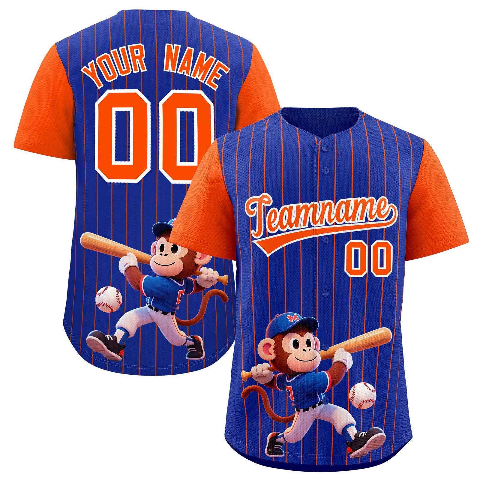 Custom Royal Orange Stripe Animals Graffiti Pattern Raglan Sleeves Authentic Baseball Jersey