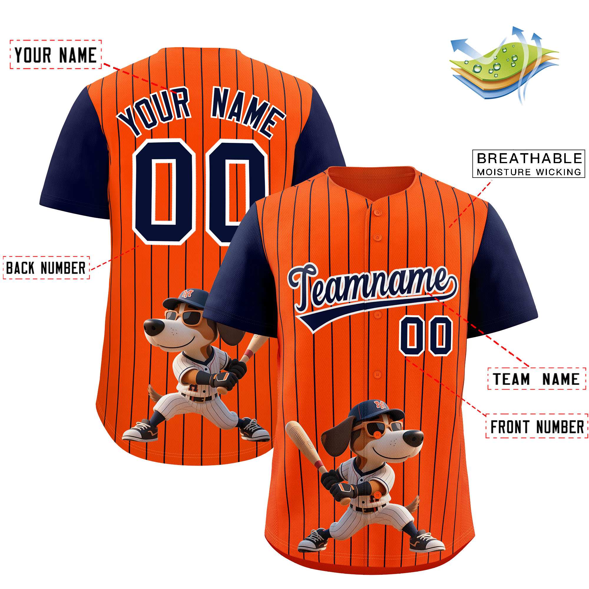 Custom Orange Navy Stripe Animals Graffiti Pattern Raglan Sleeves Authentic Baseball Jersey