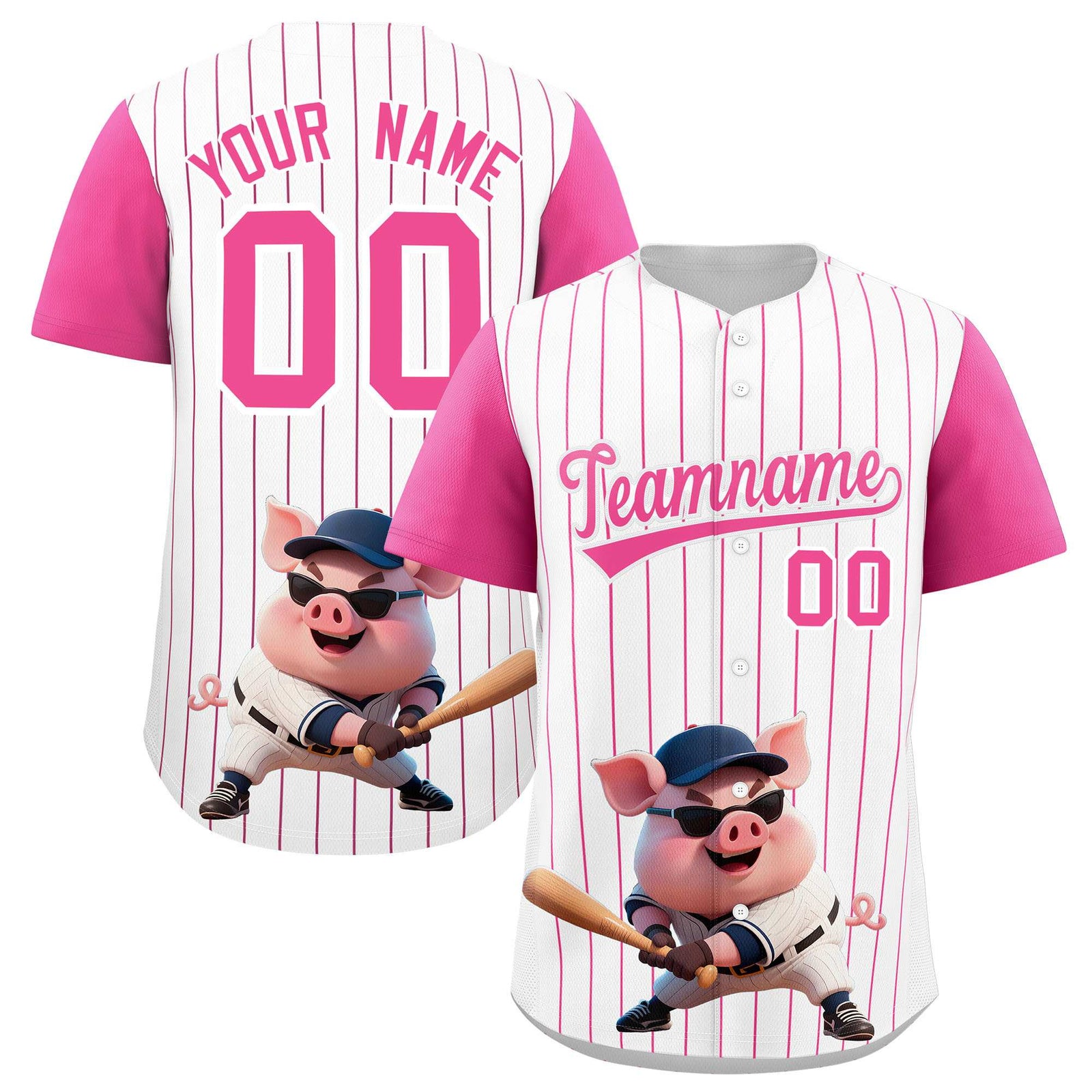 Custom White Pink Stripe Animals Graffiti Pattern Raglan Sleeves Authentic Baseball Jersey
