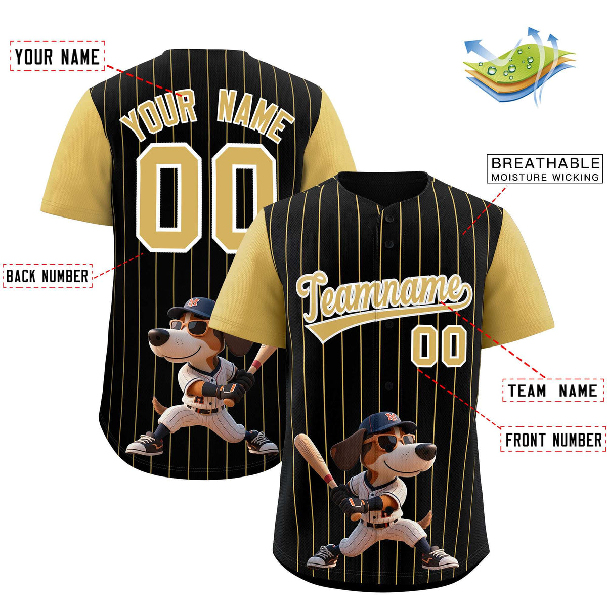 Custom Black Old Gold Stripe Animals Graffiti Pattern Raglan Sleeves Authentic Baseball Jersey