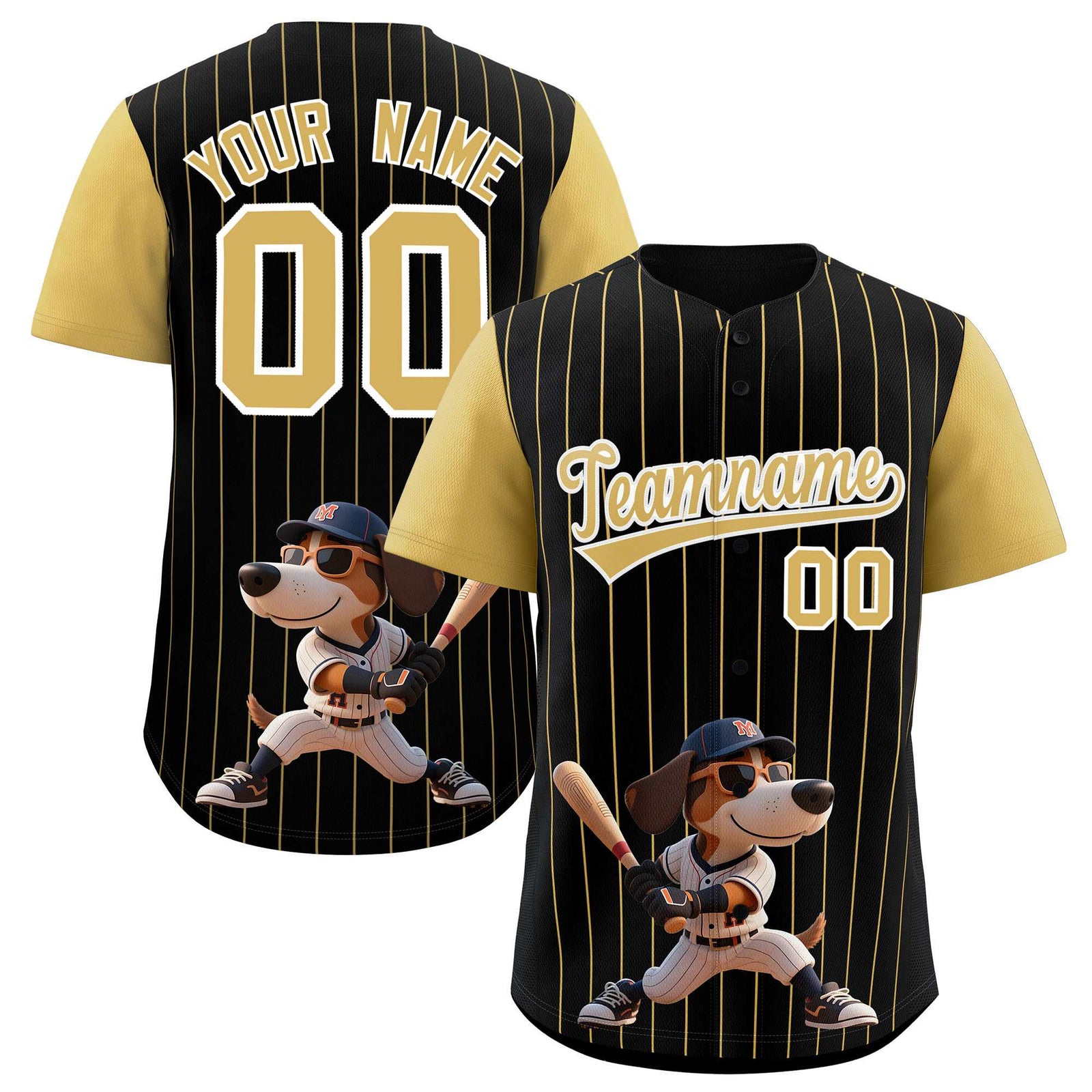 Custom Black Old Gold Stripe Animals Graffiti Pattern Raglan Sleeves Authentic Baseball Jersey
