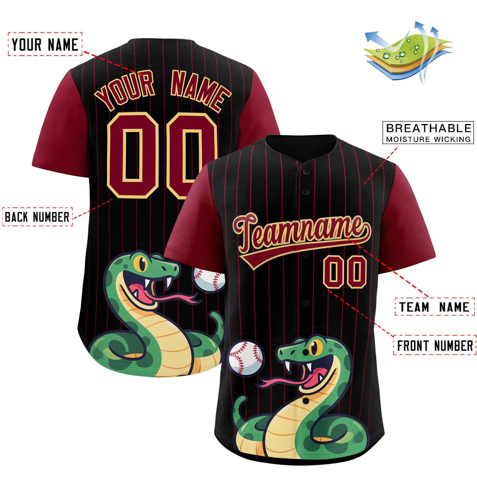 Custom Black Crimson Stripe Animals Graffiti Pattern Raglan Sleeves Authentic Baseball Jersey