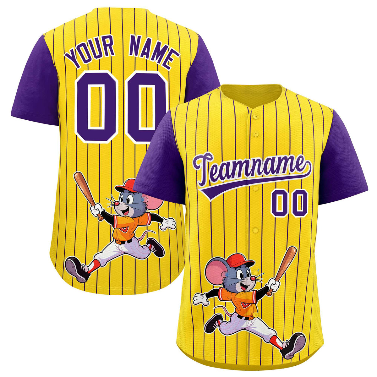 Custom Gold Purple Stripe Animals Graffiti Pattern Raglan Sleeves Authentic Baseball Jersey