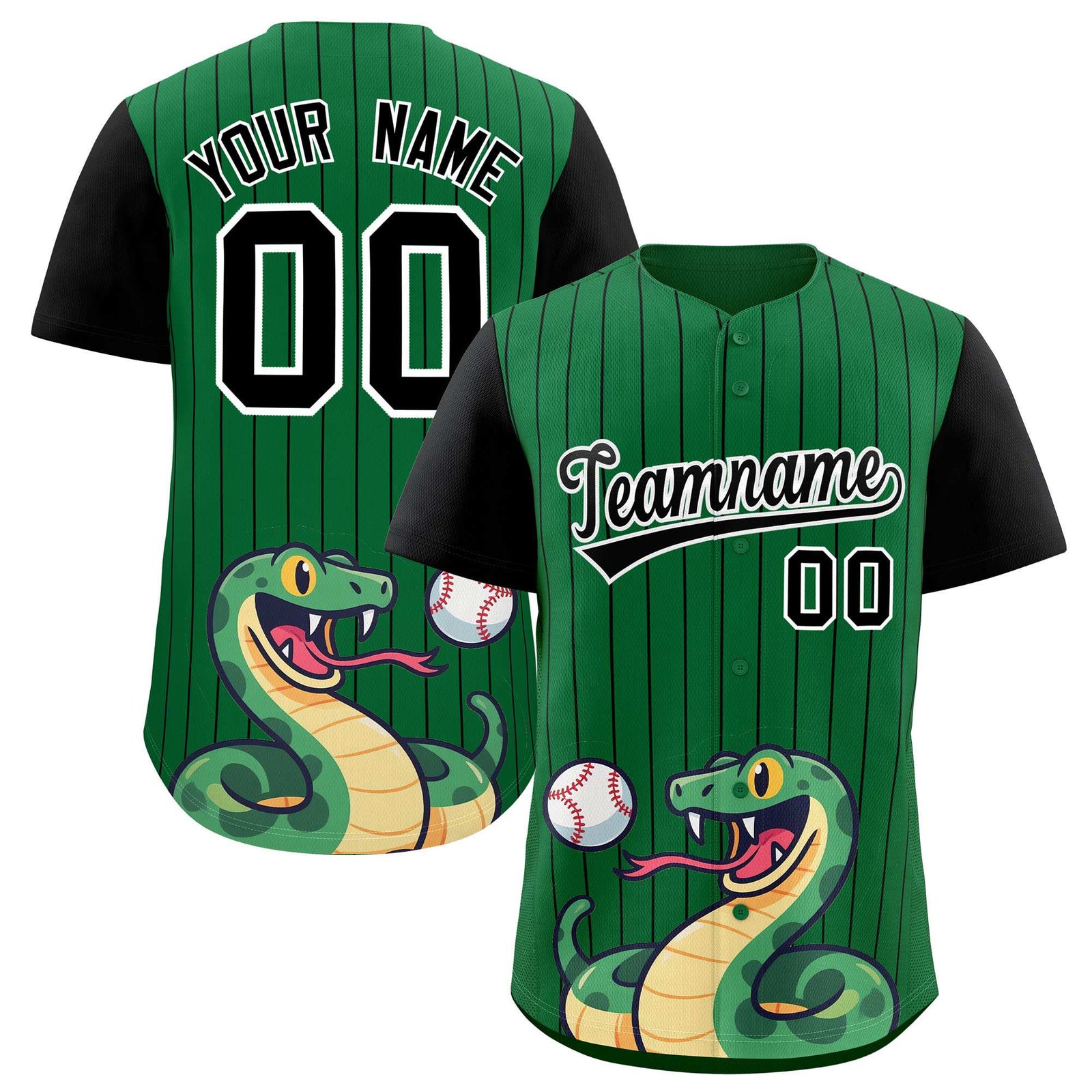 Custom Kelly Green Black Stripe Animals Graffiti Pattern Raglan Sleeves Authentic Baseball Jersey