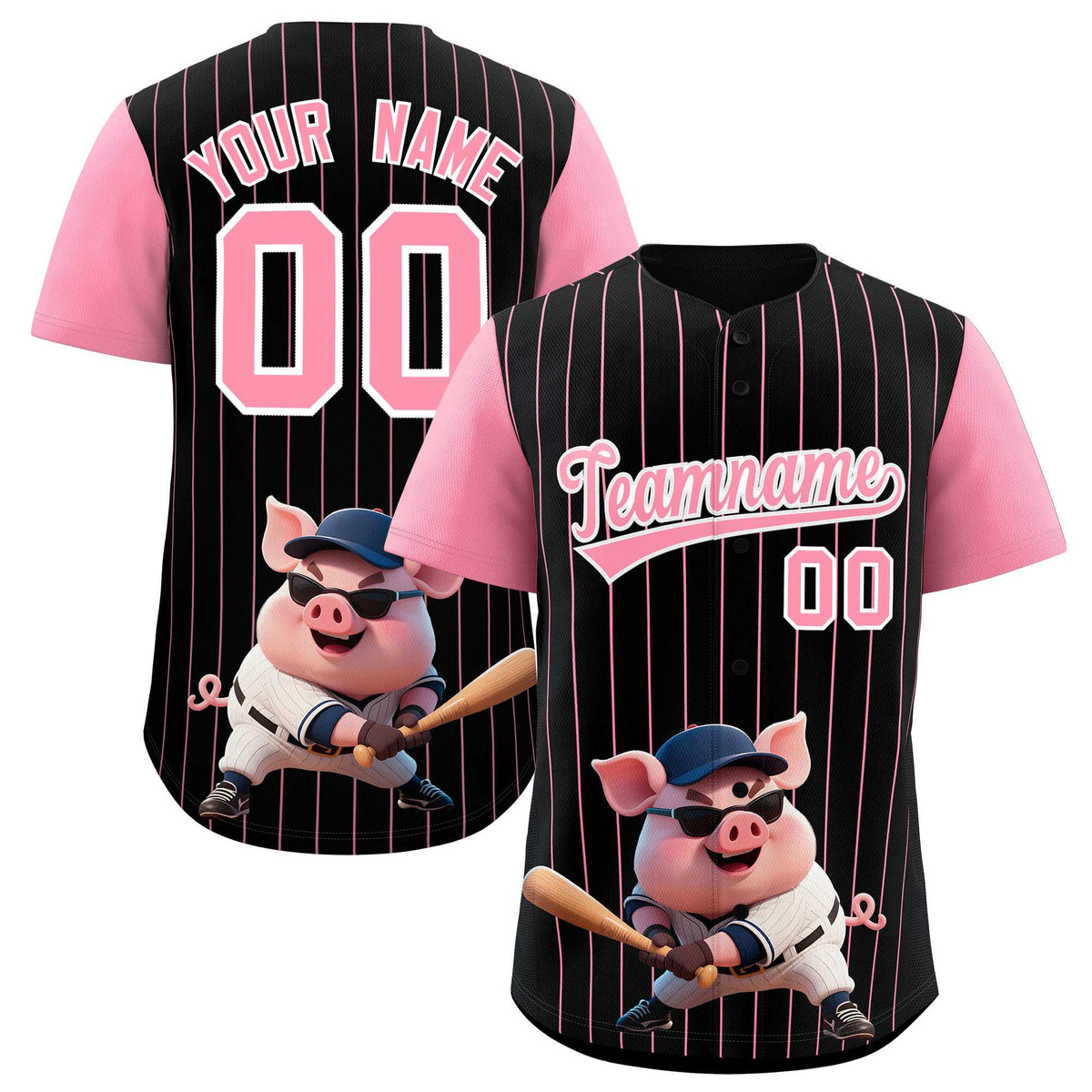 Custom Black Light Pink Stripe Animals Graffiti Pattern Raglan Sleeves Authentic Baseball Jersey