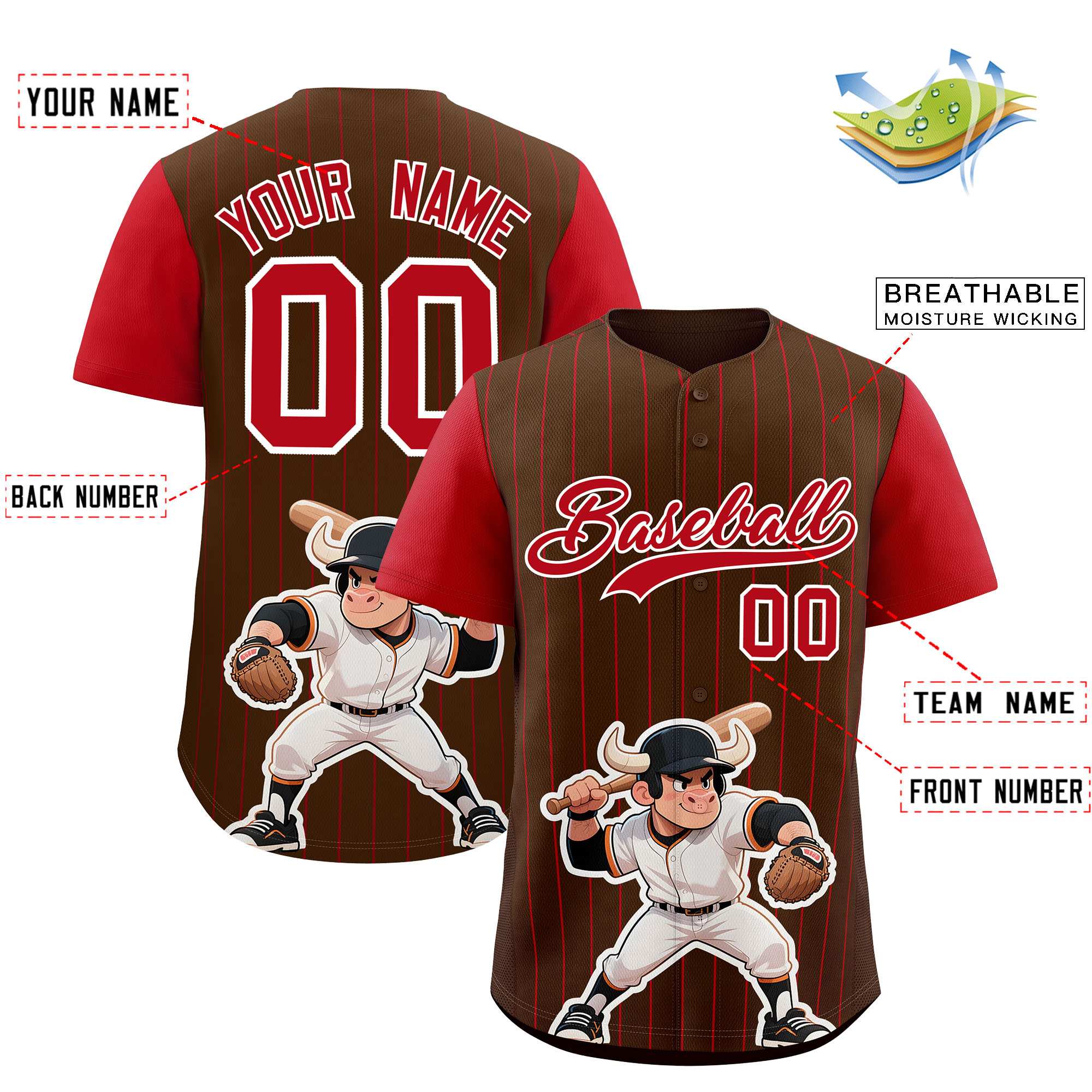 Custom Brown Red Stripe Animals Graffiti Pattern Raglan Sleeves Authentic Baseball Jersey