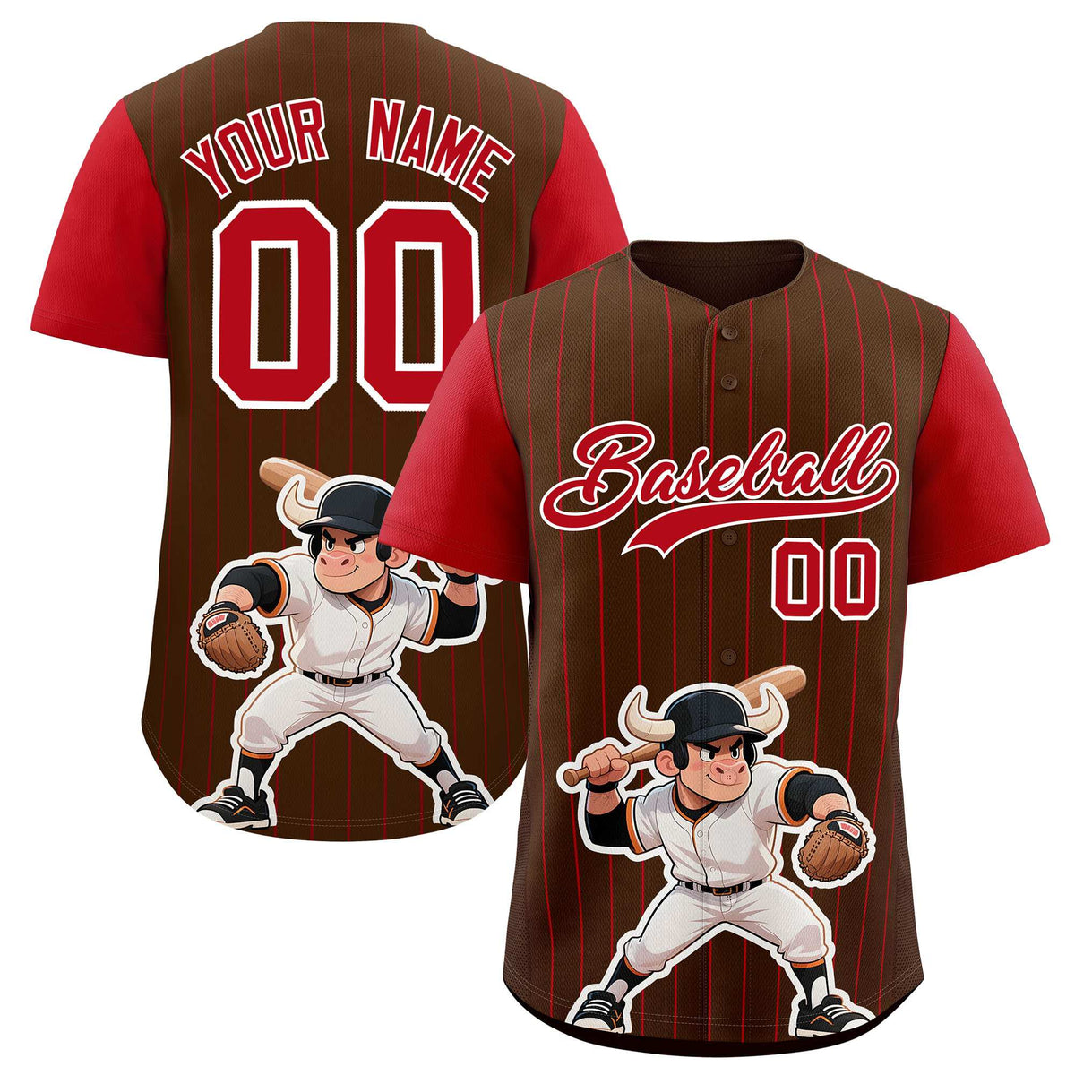 Custom Brown Red Stripe Animals Graffiti Pattern Raglan Sleeves Authentic Baseball Jersey