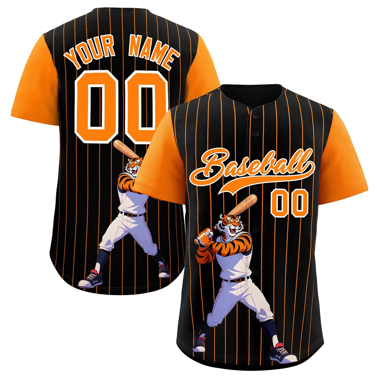 Custom Black Orange Stripe Animals Graffiti Pattern Raglan Sleeves Authentic Baseball Jersey