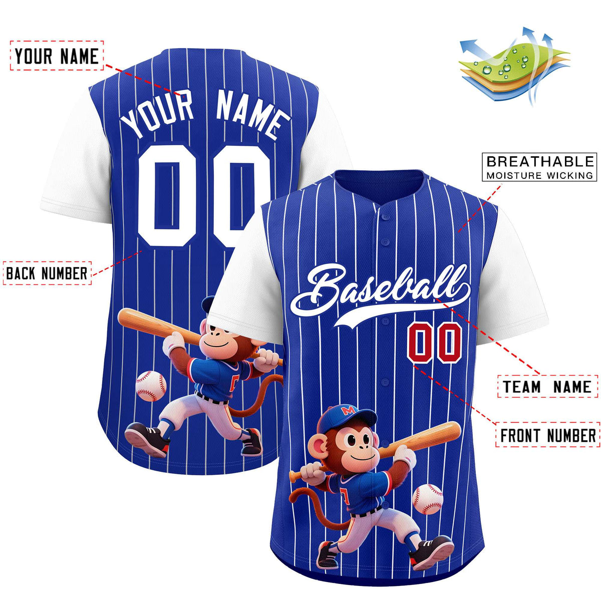 Custom Royal White Stripe Animals Graffiti Pattern Raglan Sleeves Authentic Baseball Jersey