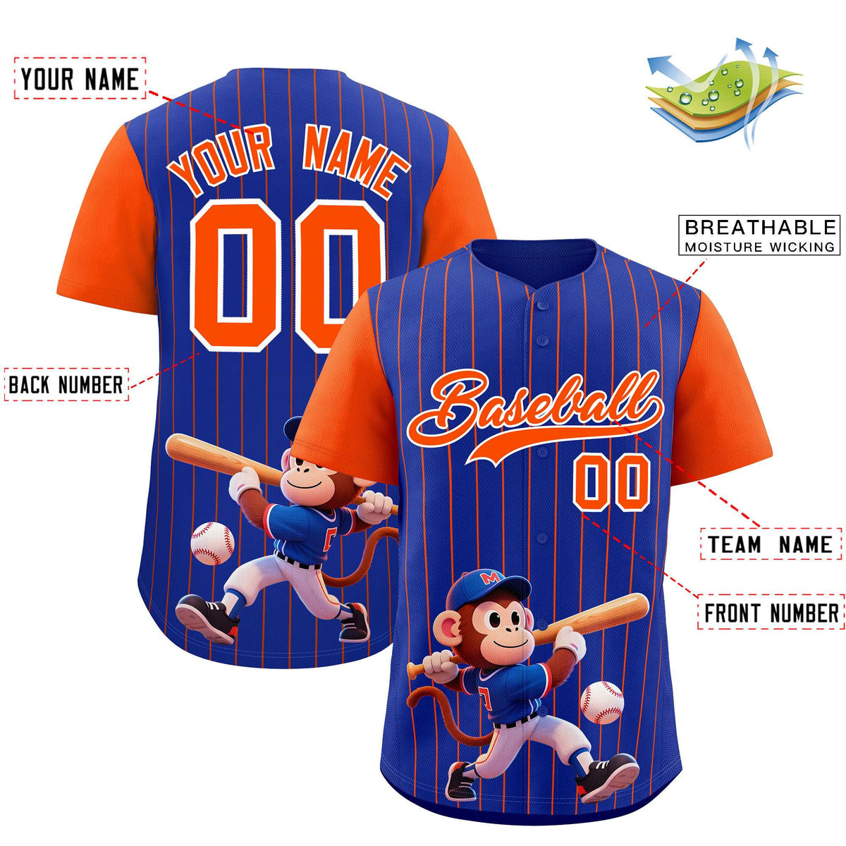 Custom Royal Orange Stripe Animals Graffiti Pattern Raglan Sleeves Authentic Baseball Jersey