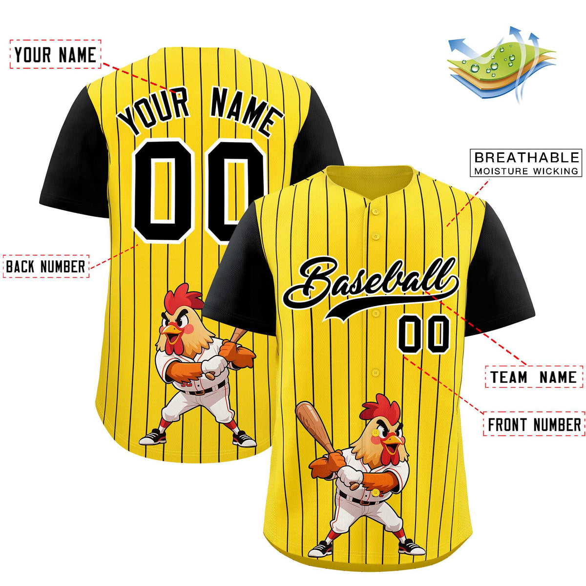 Custom Gold Black Stripe Animals Graffiti Pattern Raglan Sleeves Authentic Baseball Jersey