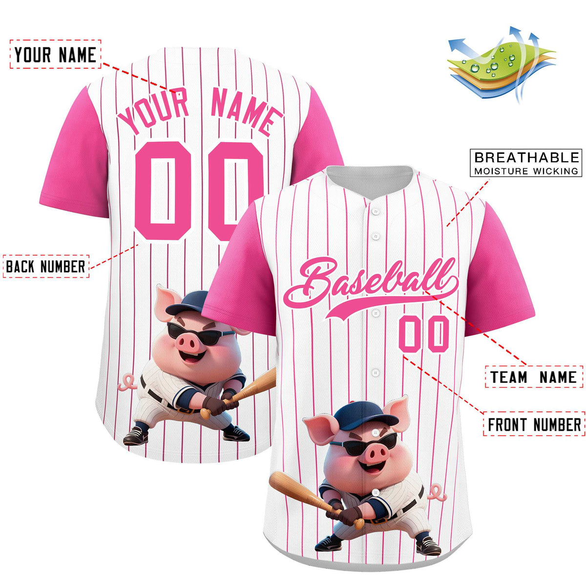Custom White Pink Stripe Animals Graffiti Pattern Raglan Sleeves Authentic Baseball Jersey