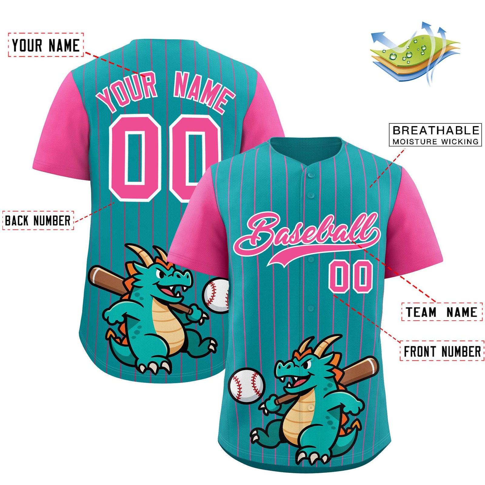 Custom Aqua Pink Stripe Animals Graffiti Pattern Raglan Sleeves Authentic Baseball Jersey