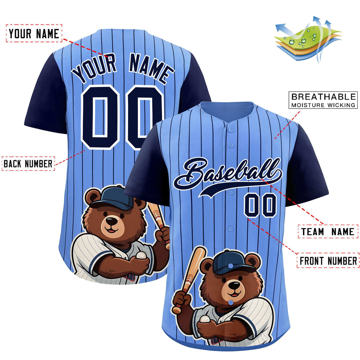 Custom Light Blue Navy Stripe Animals Graffiti Pattern Raglan Sleeves Authentic Baseball Jersey