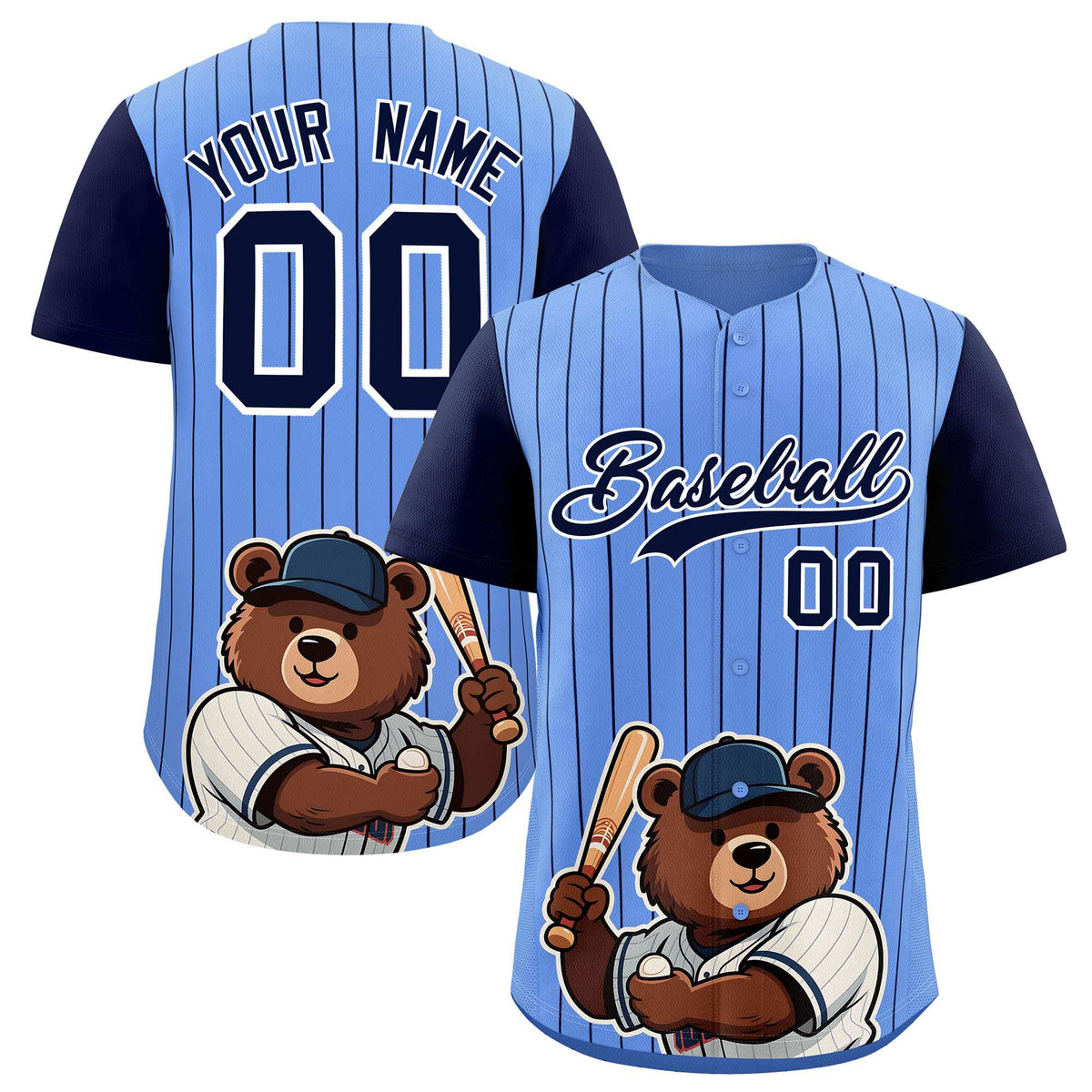 Custom Light Blue Navy Stripe Animals Graffiti Pattern Raglan Sleeves Authentic Baseball Jersey
