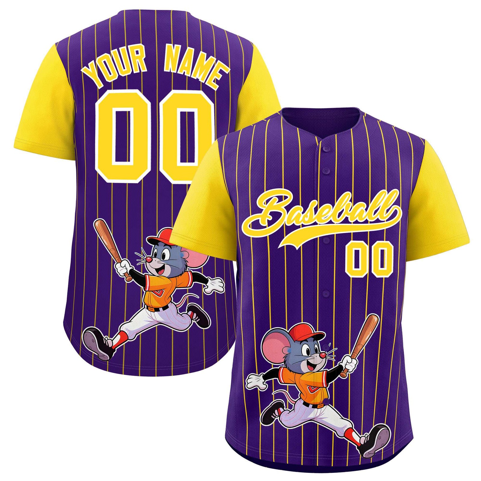 Custom Purple Gold Stripe Animals Graffiti Pattern Raglan Sleeves Authentic Baseball Jersey