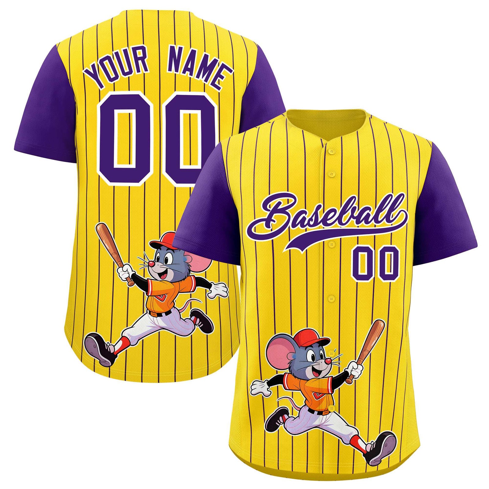 Custom Gold Purple Stripe Animals Graffiti Pattern Raglan Sleeves Authentic Baseball Jersey
