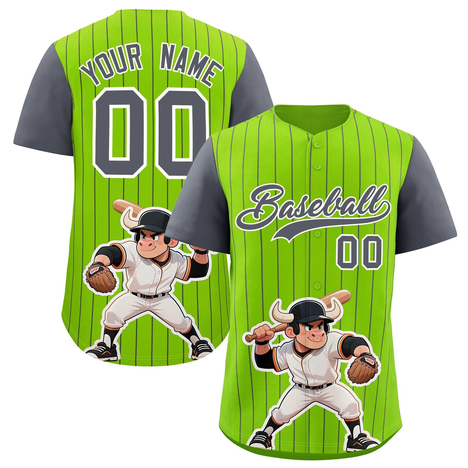 Custom Neon Green Dark Gray Stripe Animals Graffiti Pattern Raglan Sleeves Authentic Baseball Jersey