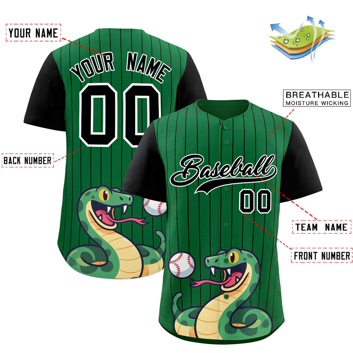 Custom Kelly Green Black Stripe Animals Graffiti Pattern Raglan Sleeves Authentic Baseball Jersey