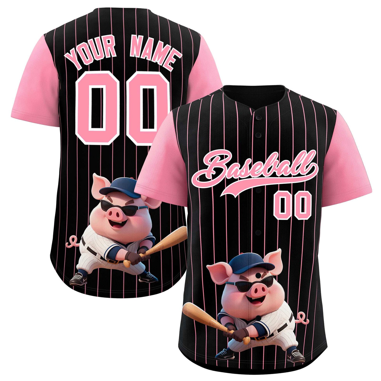 Custom Black Light Pink Stripe Animals Graffiti Pattern Raglan Sleeves Authentic Baseball Jersey