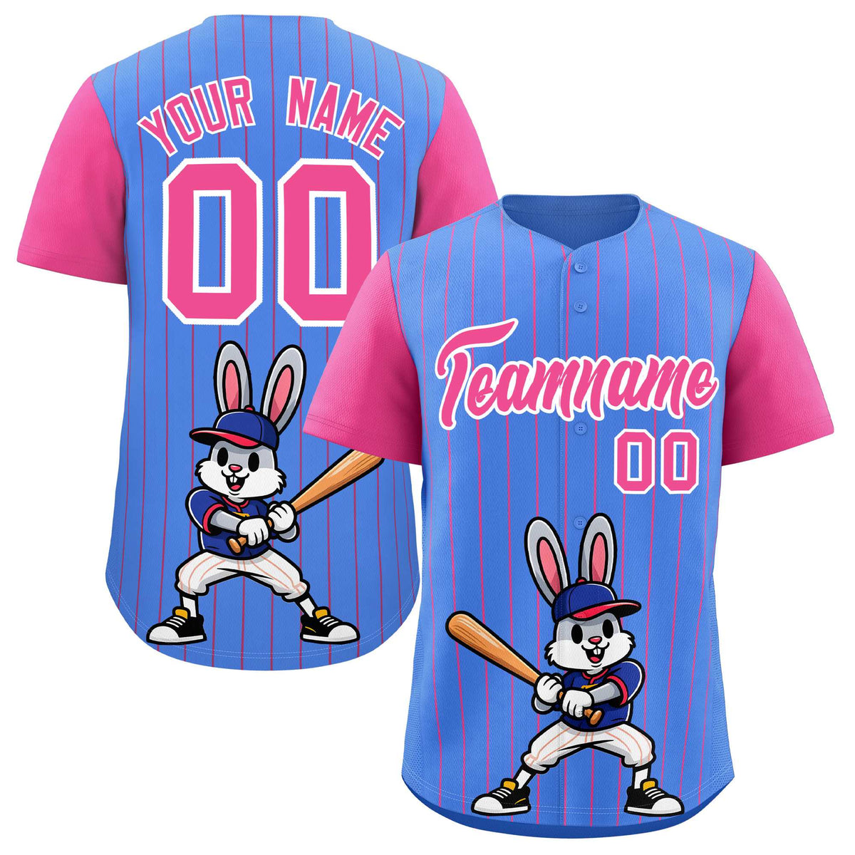 Custom Light Blue Pink Stripe Animals Graffiti Pattern Raglan Sleeves Authentic Baseball Jersey