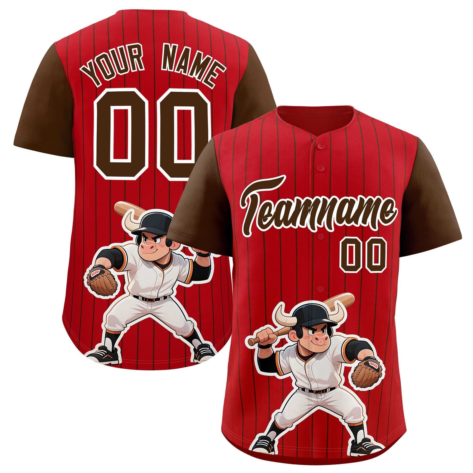 Custom Red Brown Stripe Animals Graffiti Pattern Raglan Sleeves Authentic Baseball Jersey