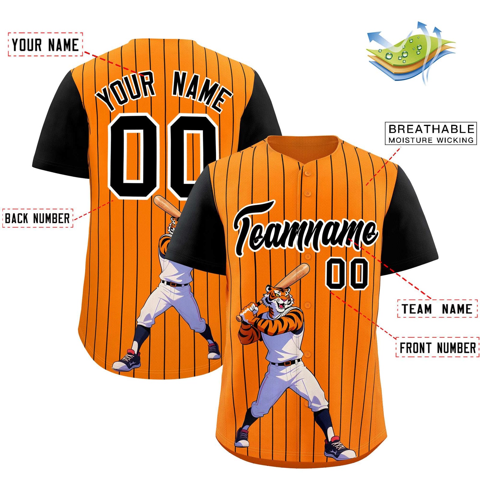 Custom Orange Black Stripe Animals Graffiti Pattern Raglan Sleeves Authentic Baseball Jersey
