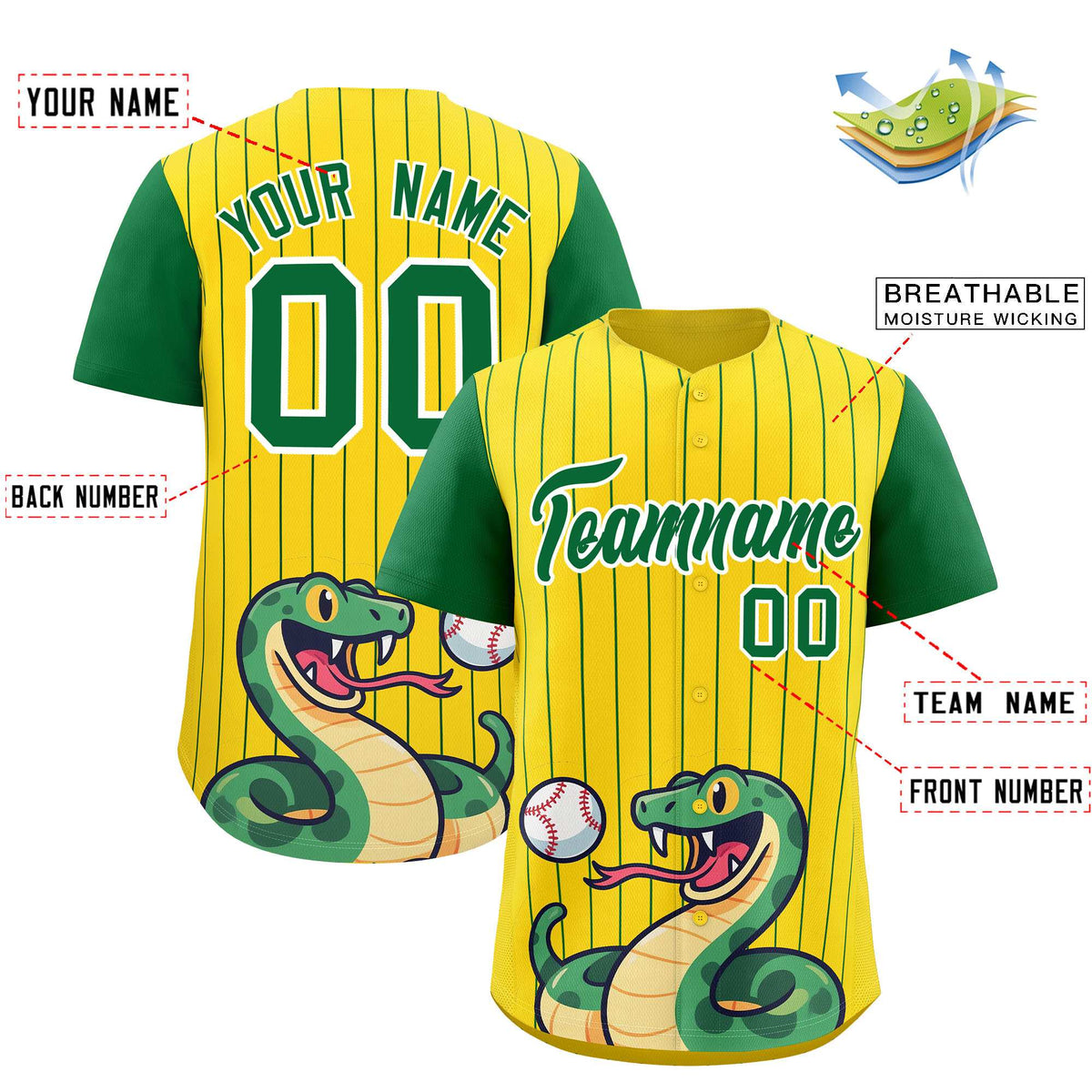 Custom Gold Kelly Green Stripe Animals Graffiti Pattern Raglan Sleeves Authentic Baseball Jersey