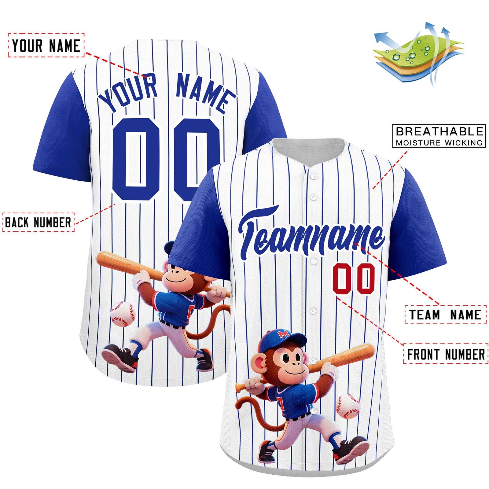 Custom White Royal Stripe Animals Graffiti Pattern Raglan Sleeves Authentic Baseball Jersey